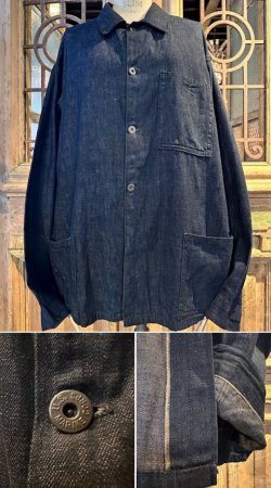 画像1: 〜1930's “ USMC ” DENIM COVERALLS / SHIRT（CHORE JACKET） / 3POCKETS & 4METAL BUTTONS / VERY DARK BLUE