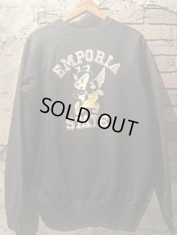 画像1: 〜1970's “ EMPORIA STATE UNIVERSITY / CORKY THE HORNET ” / BLACK × COLOR FLOCKY PRINT SWEAT / VERY GOOD BLACK!! 
