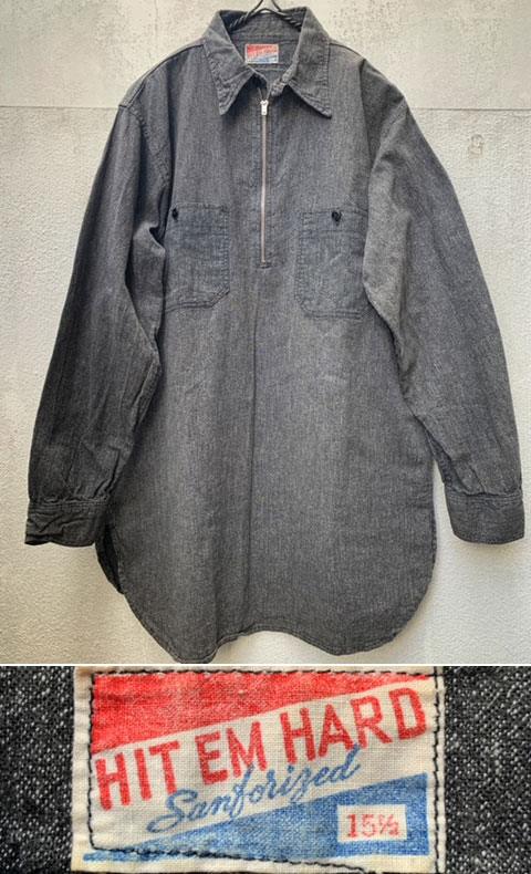 1940〜1950's “ HIT EM HARD ” / HALF ZIP BLACK CHAMBRAY PULLOVER SHIRT / W.  